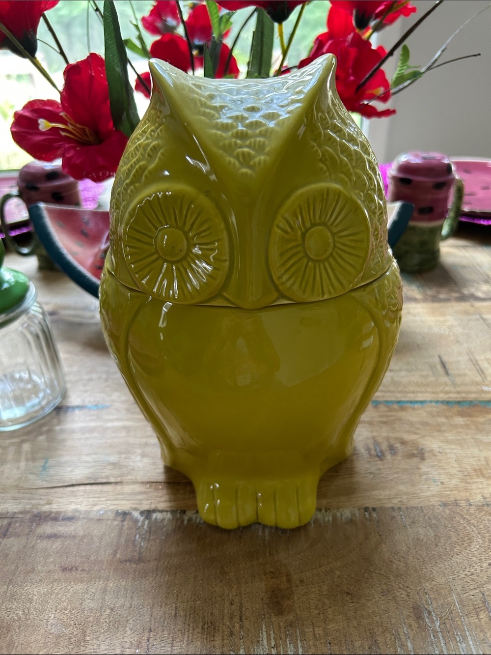 Glossy Yellow Ceramic Owl Jar - Decorative Storage Accent